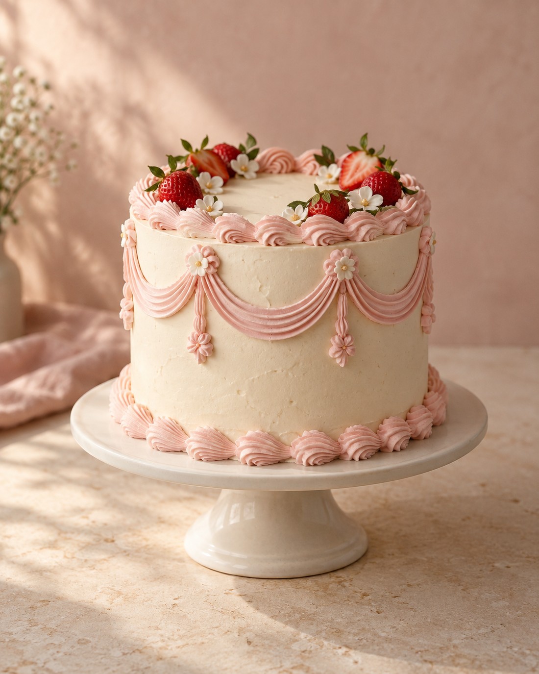 Illustrative strawberry cake with soft pink piping, photographed on an ivory cake stand